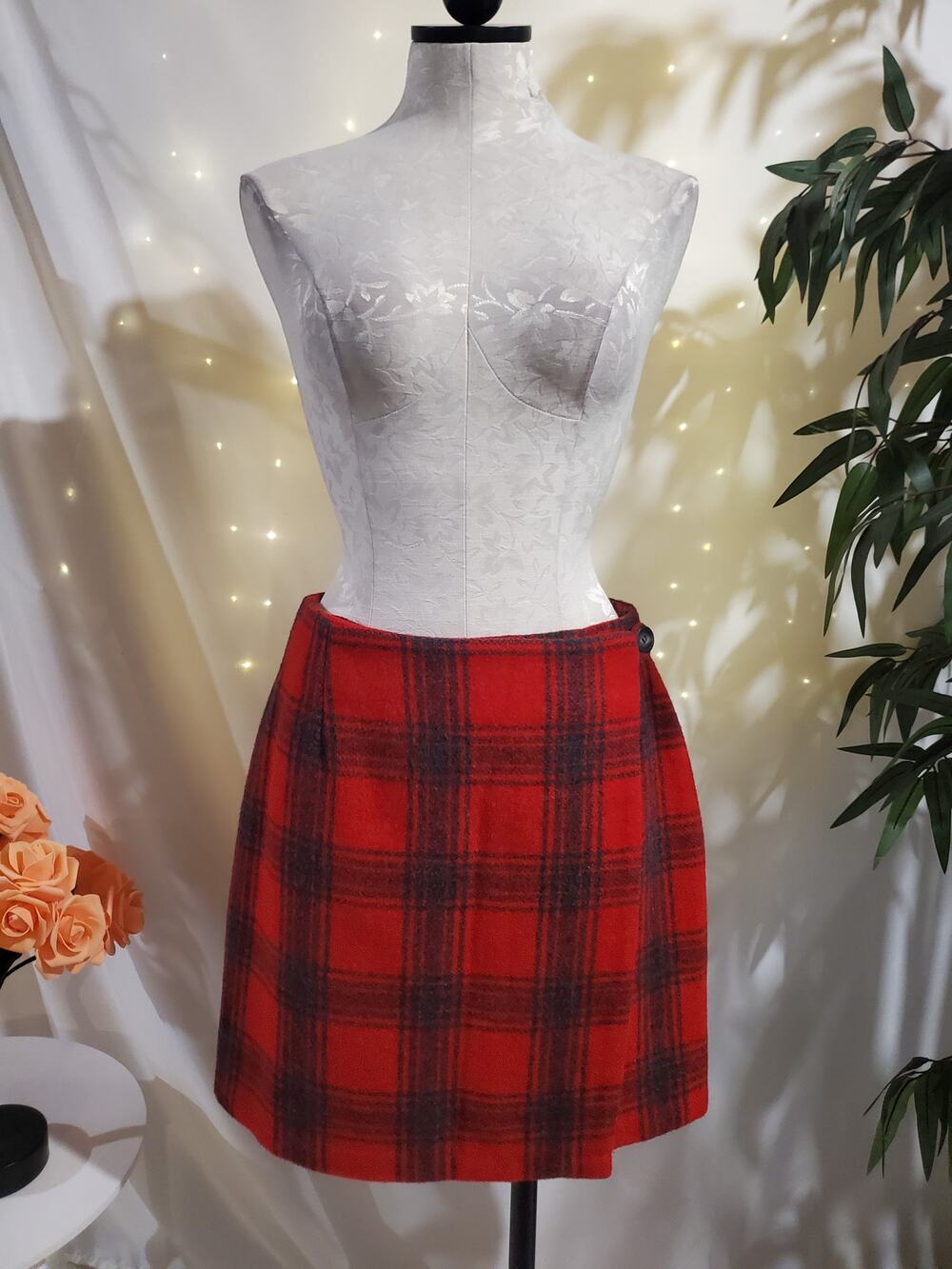 Vtg New York & Co Wool Plaid Wrap Skirt Size 10 Red Black School Academia Preppy